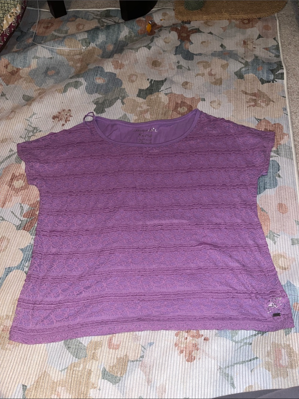 Lace Overlay Short Sleeve Top - Purple